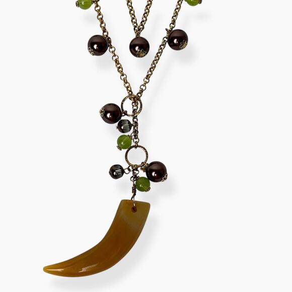 Necklace Horn Pendant Acrylic Brown Green Beads 2-Strand Chain Gold Tone Boho - Picture 1 of 11